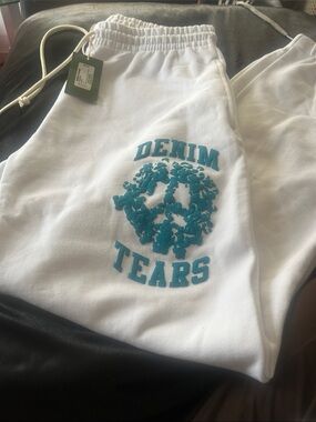 DENIM TEARS White Sweatpants with Teal Applique- Men’s Size XL
